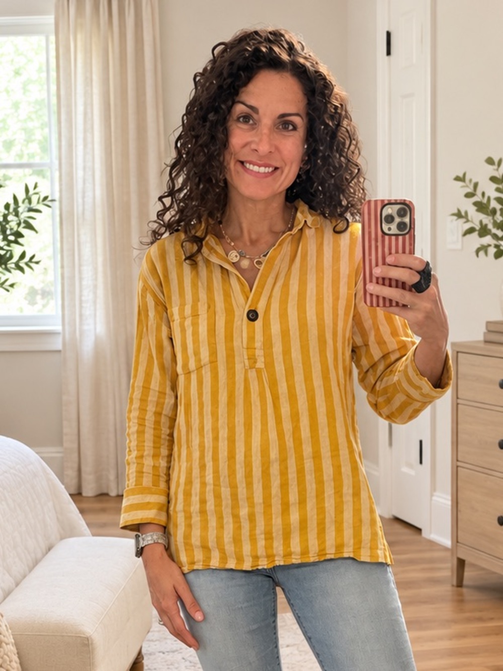 Old Navy Mustard Striped Button-Front Top with Light Blue Flare Jeans